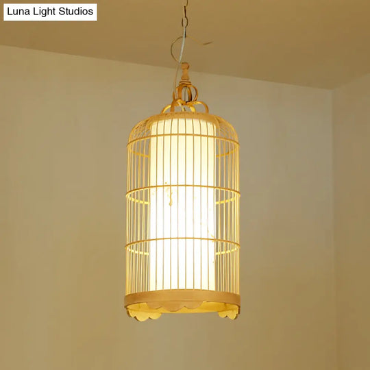 Bamboo Birdcage Dining Room Pendant Light In Beige - 9.5’/14’/16’ Wide Asian Style 1-Light Fixture