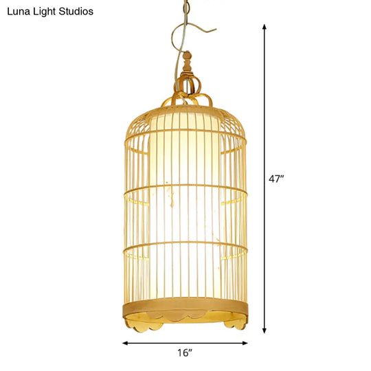 Bamboo Birdcage Pendant Ceiling Light - Asian 9.5/14/16 1-Light Beige Fixture For Dining Room