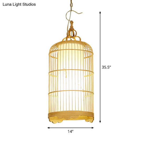 Bamboo Birdcage Dining Room Pendant Light In Beige - 9.5’/14’/16’ Wide Asian Style 1-Light Fixture