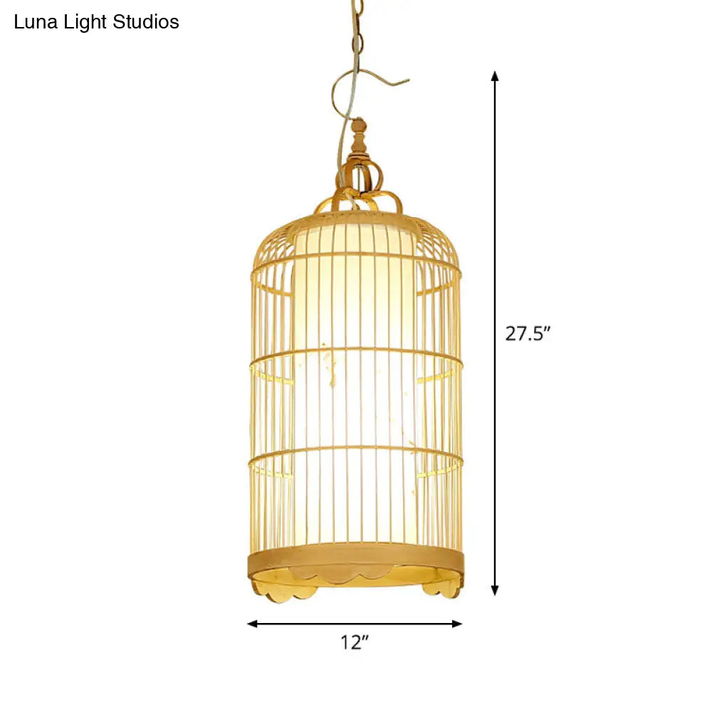 Bamboo Birdcage Pendant Ceiling Light - Asian 9.5/14/16 1-Light Beige Fixture For Dining Room