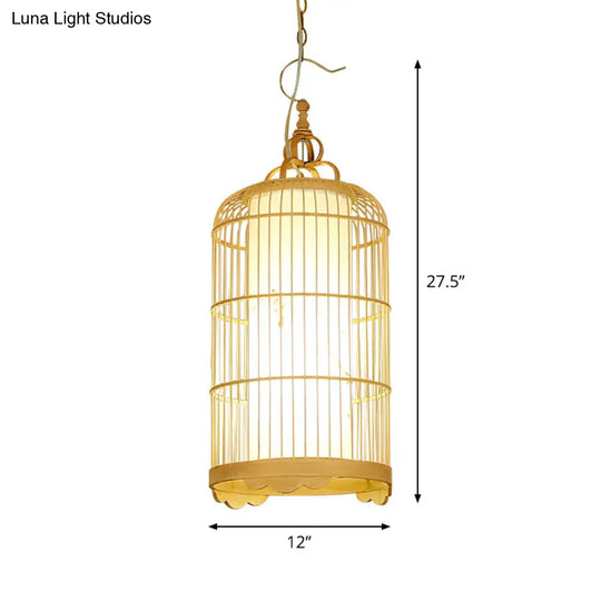 Bamboo Birdcage Pendant Ceiling Light - Asian 9.5/14/16 1-Light Beige Fixture For Dining Room