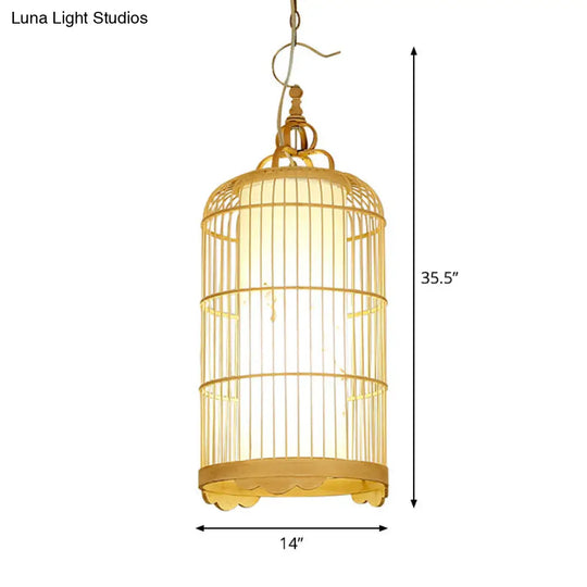 Bamboo Birdcage Pendant Ceiling Light - Asian 9.5/14/16 1-Light Beige Fixture For Dining Room