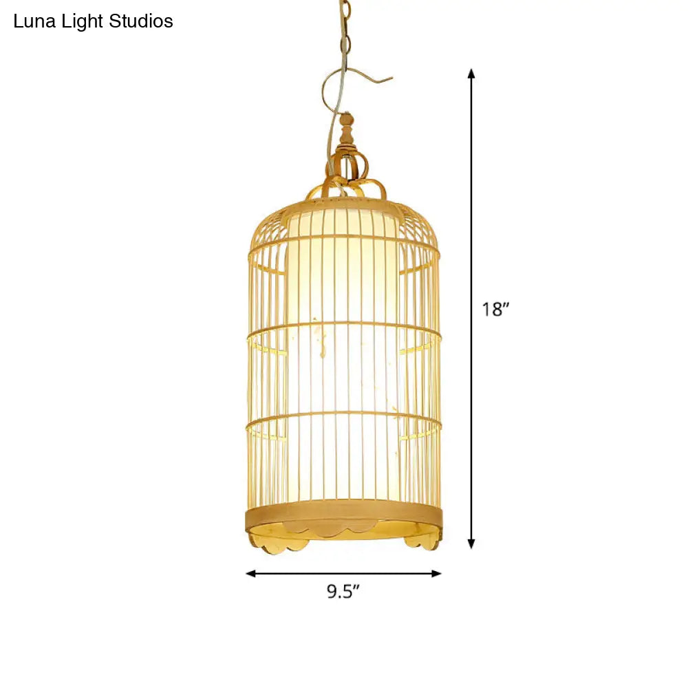 Bamboo Birdcage Dining Room Pendant Light In Beige - 9.5’/14’/16’ Wide Asian Style 1-Light Fixture