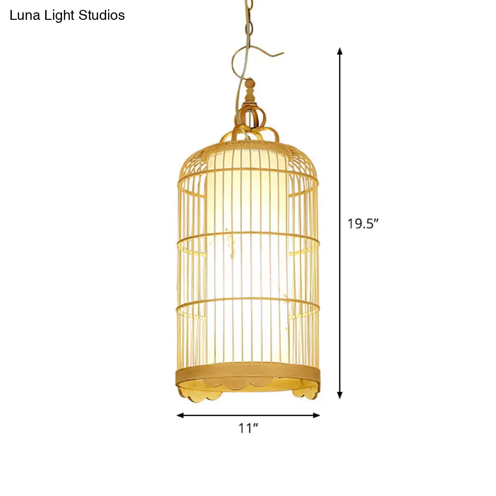 Bamboo Birdcage Pendant Ceiling Light - Asian 9.5/14/16 1-Light Beige Fixture For Dining Room