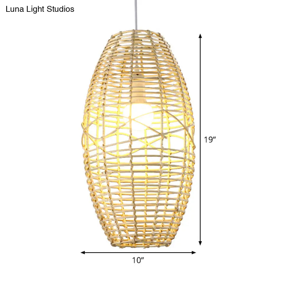 Bamboo Bistro Pendant Lamp With Hand Braided Ellipse Design - Single Bulb Chinese Hanging Light In