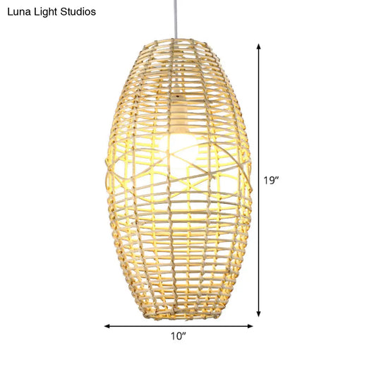 Bamboo Bistro Pendant Lamp With Hand Braided Ellipse Design - Single Bulb Chinese Hanging Light In