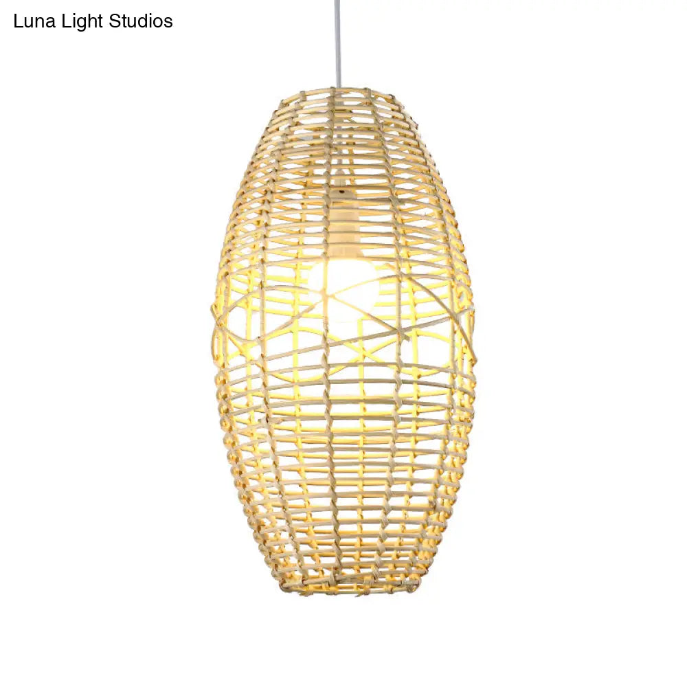 Bamboo Bistro Pendant Lamp With Hand Braided Ellipse Design - Single Bulb Chinese Hanging Light In