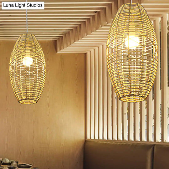 Bamboo Bistro Pendant Lamp With Hand Braided Ellipse Design - Single Bulb Chinese Hanging Light In