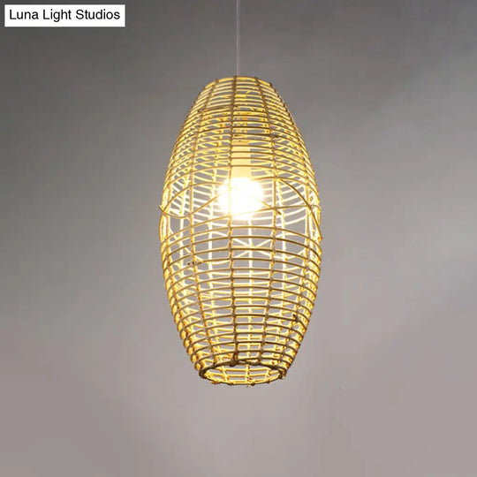 Bamboo Bistro Pendant Lamp With Hand Braided Ellipse Design - Single Bulb Chinese Hanging Light In