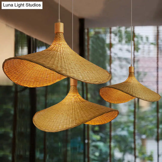 Bamboo Braided Asian Style Suspension Lamp - Beige Hanging Pendant Light (19.5/23.5 W) / 19.5