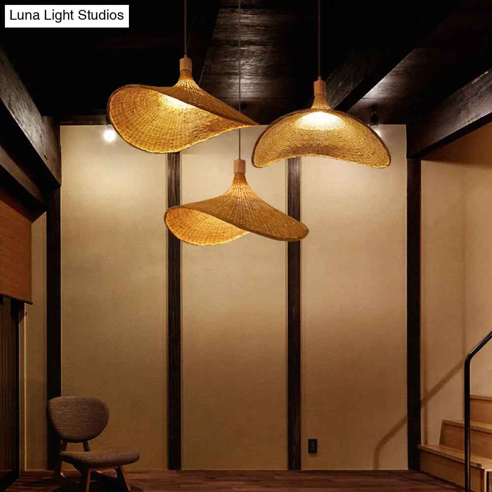 Bamboo Braided Asian Style Pendant Light - Beige 1-Light Suspension Lamp For Table 19.5’/23.5’ W