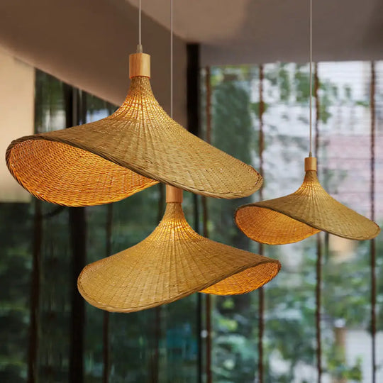 Bamboo Braided Asian Style Pendant Light - Beige 1-Light Suspension Lamp For Table 19.5’/23.5’