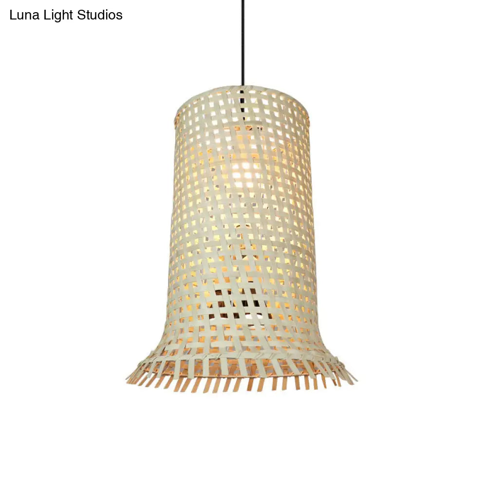 Bamboo Braided Ceiling Lamp With Fringe Trim - Asian-Inspired Pendant Light