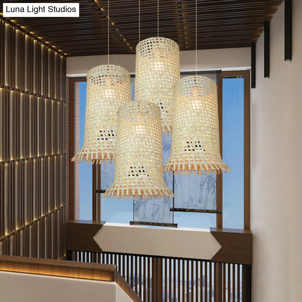 Bamboo Braided Ceiling Lamp With Fringe Trim - Asian-Inspired Pendant Light