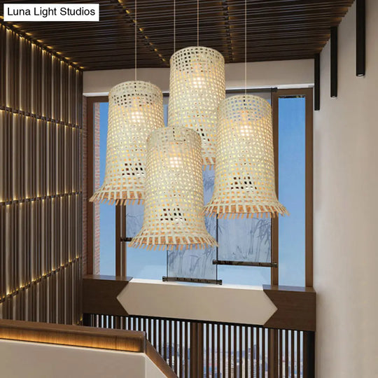 Bamboo Braided Ceiling Lamp With Fringe Trim - Asian-Inspired Pendant Light