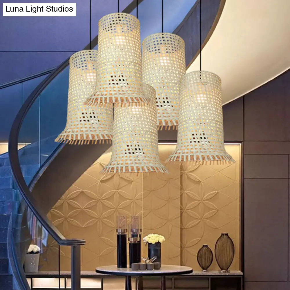 Bamboo Braided Ceiling Lamp With Fringe Trim - Asian-Inspired Pendant Light