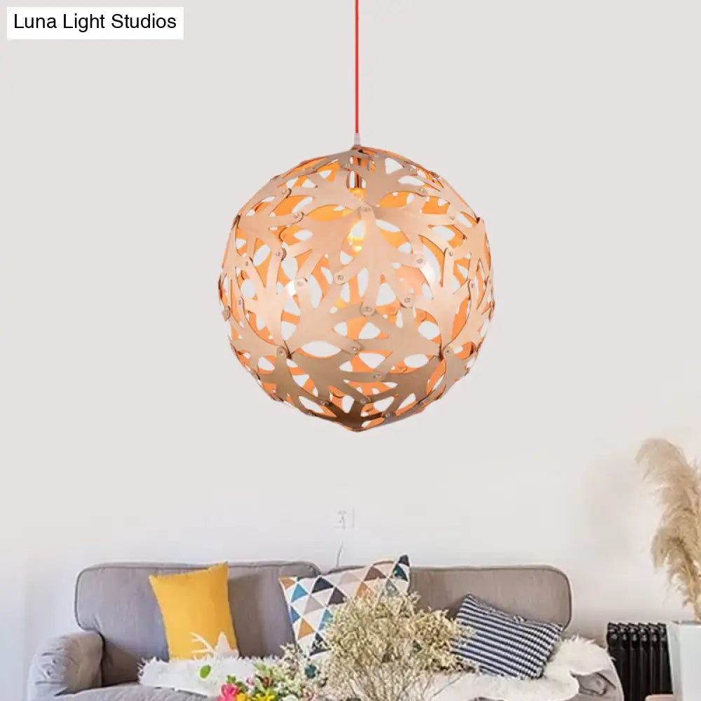 Bamboo Braided Globe Pendant Light - Modern 1-Head Lounge Ceiling Lamp In Wood