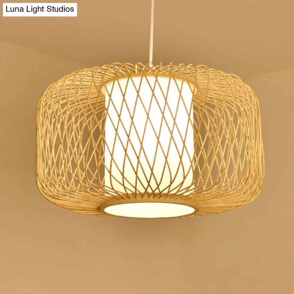 Bamboo Cage Lantern Pendant Light Fixture - Asian-Inspired 1-Light Bistro Suspension Lamp In Wood