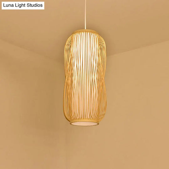 Bamboo Cage Lantern Pendant Light Fixture - Asian-Inspired 1-Light Bistro Suspension Lamp In Wood