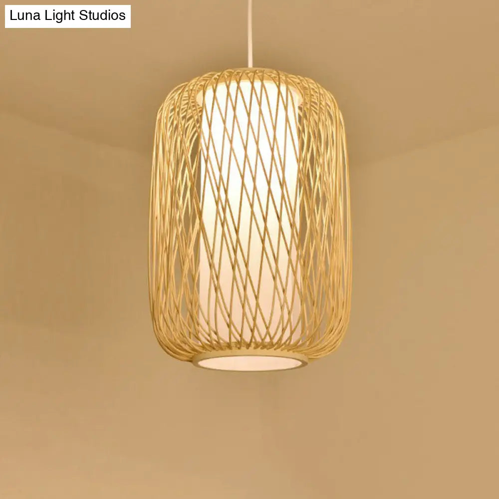 Bamboo Cage Lantern Pendant Light Fixture - Asian-Inspired 1-Light Bistro Suspension Lamp In Wood