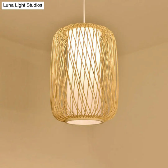 Bamboo Cage Lantern Pendant Light Fixture - Asian-Inspired 1-Light Bistro Suspension Lamp In Wood