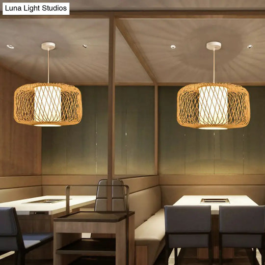 Bamboo Cage Lantern Pendant Light Fixture - Asian-Inspired 1-Light Bistro Suspension Lamp In Wood