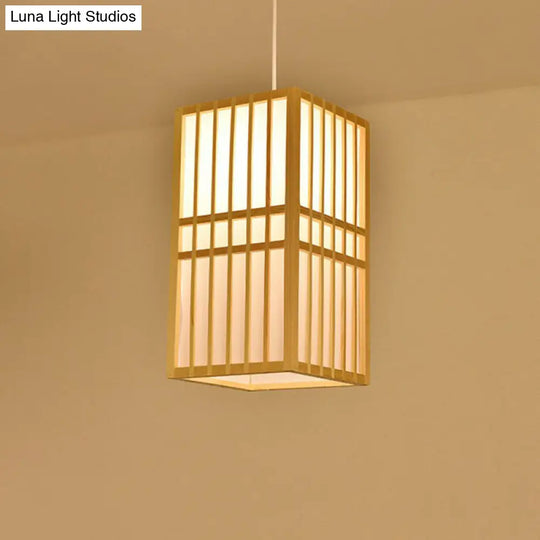 Bamboo Cage Lantern Pendant Light Fixture - Asian-Inspired 1-Light Bistro Suspension Lamp In Wood