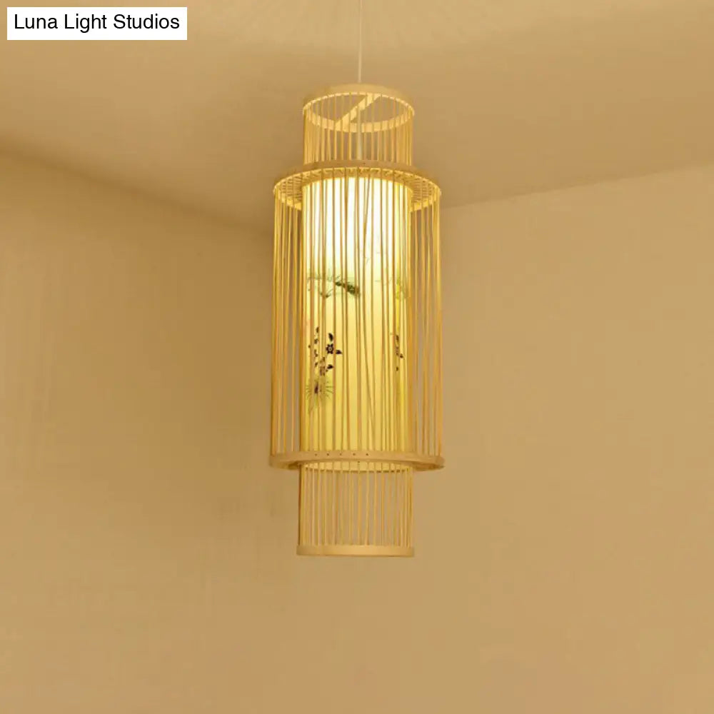 Bamboo Cage Lantern Pendant Light Fixture - Asian-Inspired 1-Light Bistro Suspension Lamp In Wood