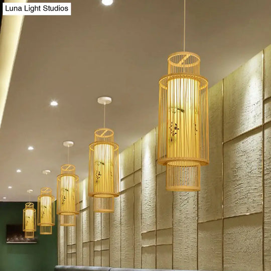 Bamboo Cage Lantern Pendant Light Fixture - Asian-Inspired 1-Light Bistro Suspension Lamp In Wood