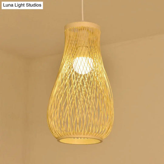 Bamboo Cage Lantern Pendant Light Fixture - Asian-Inspired 1-Light Bistro Suspension Lamp In Wood