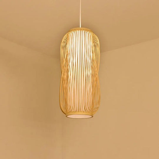 Bamboo Cage Lantern Pendant Light Fixture - Asian-Inspired 1-Light Bistro Suspension Lamp In Wood /