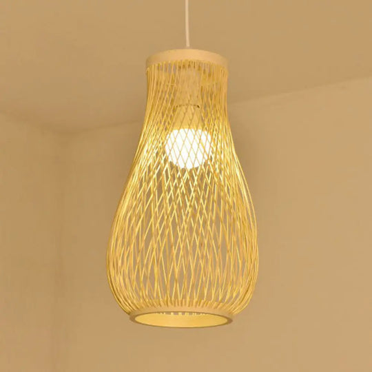 Bamboo Cage Lantern Pendant Light Fixture - Asian-Inspired 1-Light Bistro Suspension Lamp In Wood /