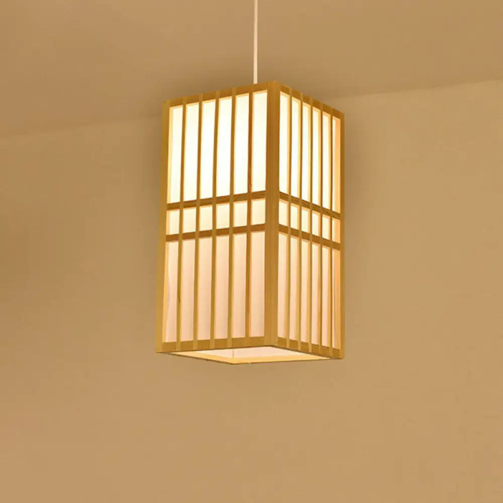 Bamboo Cage Lantern Pendant Light Fixture - Asian-Inspired 1-Light Bistro Suspension Lamp In Wood /