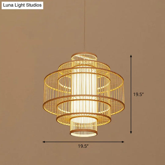 Bamboo Cage Pendant Light For Tearoom - Chinese Style 1 Bulb Beige