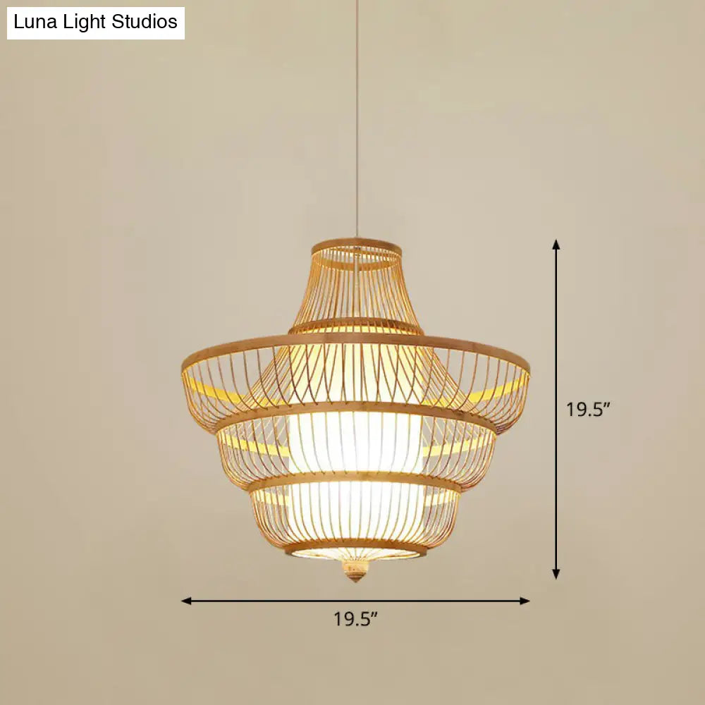 Bamboo Cage Pendant Light For Tearoom - Chinese Style 1 Bulb Beige