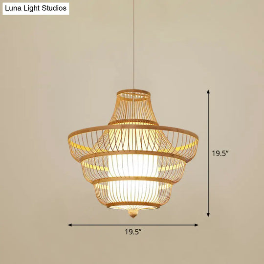 Bamboo Cage Pendant Light For Tearoom - Chinese Style 1 Bulb Beige