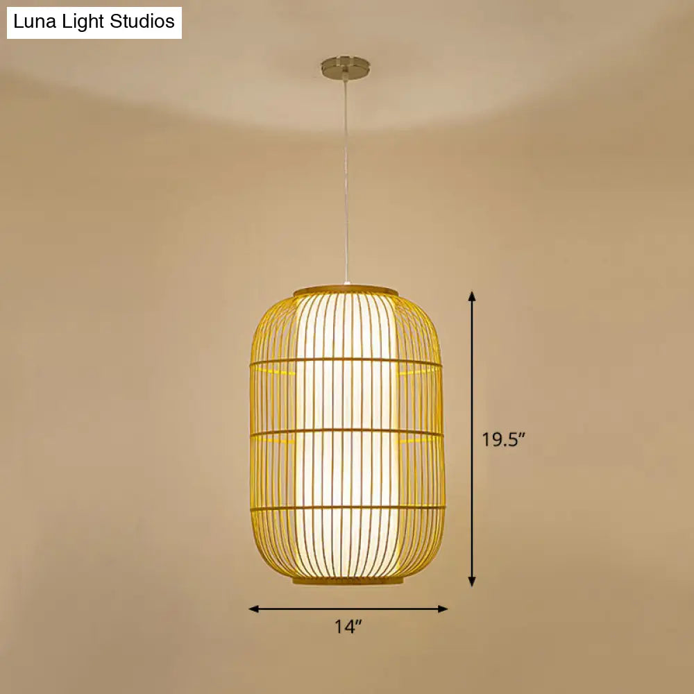 Bamboo Cage Pendant Light For Tearoom - Chinese Style 1 Bulb Beige