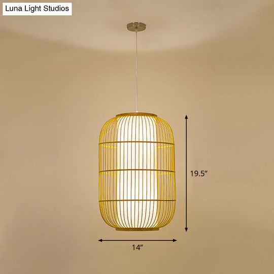 Bamboo Cage Pendant Light For Tearoom - Chinese Style 1 Bulb Beige