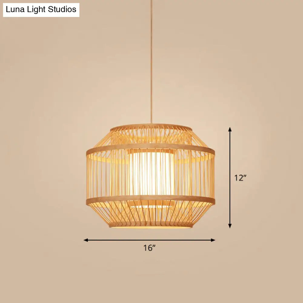 Bamboo Cage Pendant Light For Tearoom - Chinese Style 1 Bulb Beige