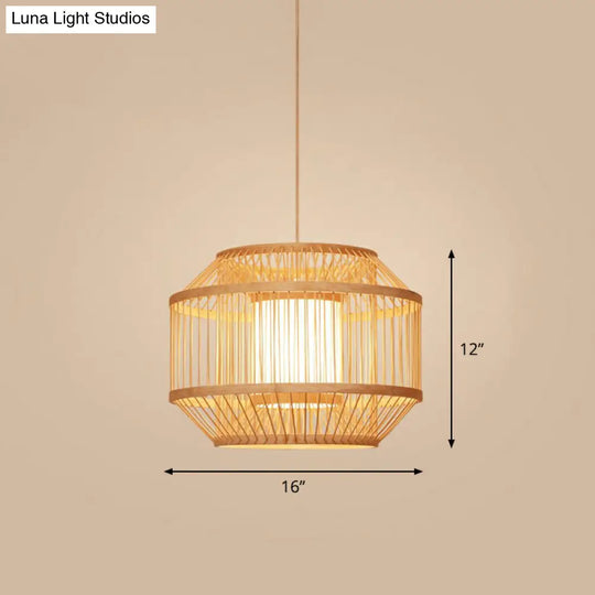 Bamboo Cage Pendant Light For Tearoom - Chinese Style 1 Bulb Beige