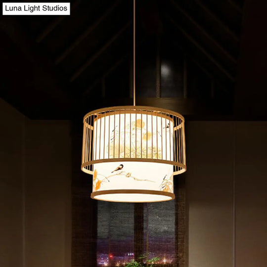 Bamboo Cage Pendant Light For Tearoom - Chinese Style 1 Bulb Beige