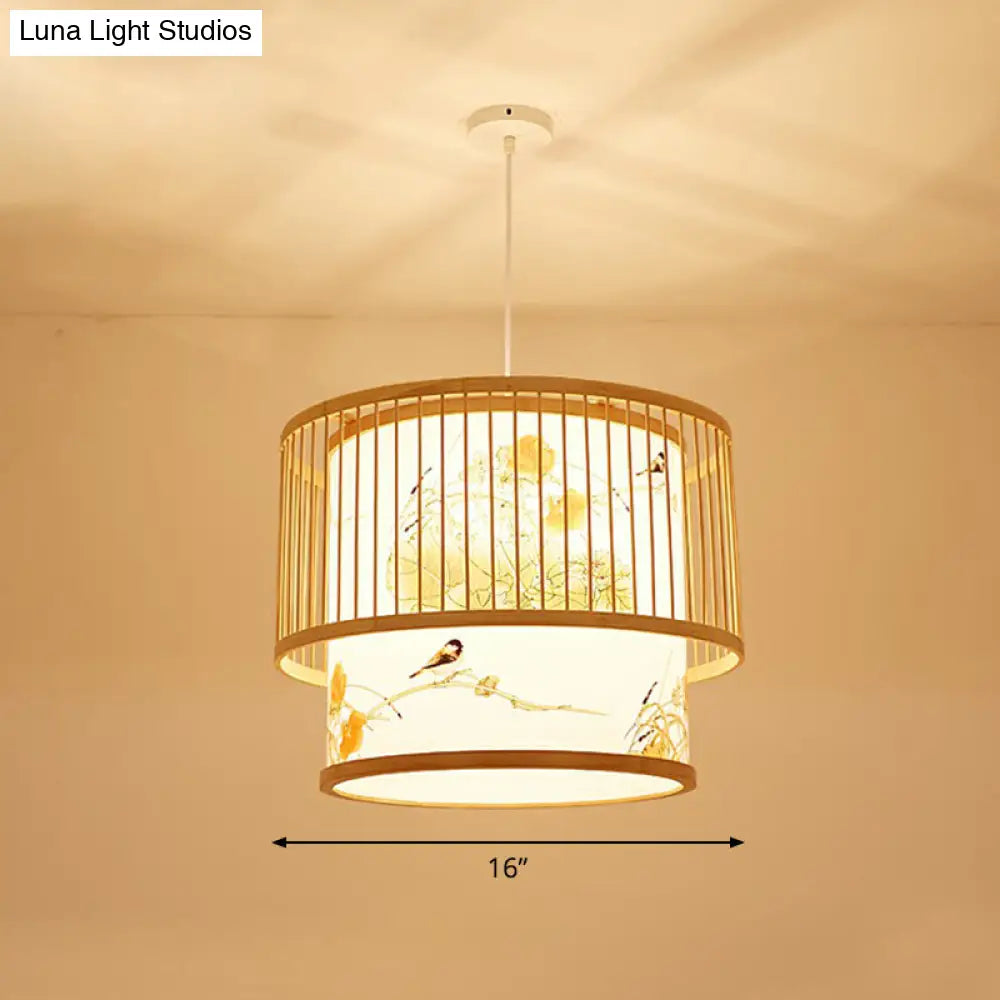 Bamboo Cage Pendant Light For Tearoom - Chinese Style 1 Bulb Beige