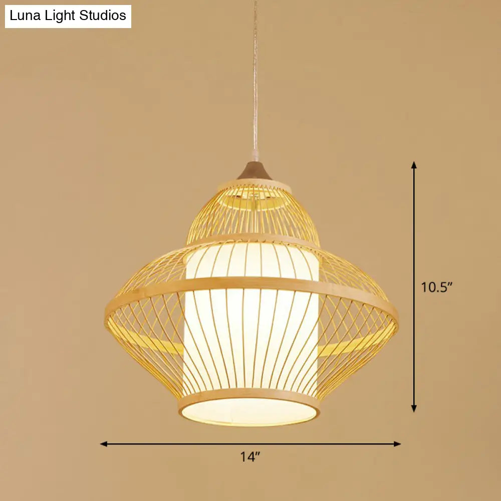 Bamboo Cage Pendant Light For Tearoom - Chinese Style 1 Bulb Beige