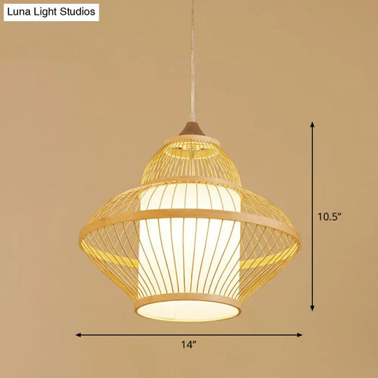 Bamboo Cage Pendant Light For Tearoom - Chinese Style 1 Bulb Beige