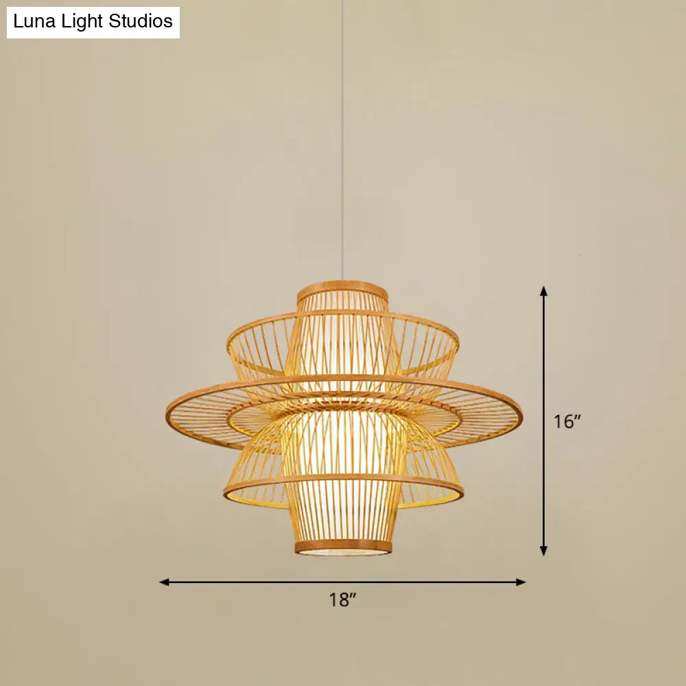 Bamboo Cage Pendant Light For Tearoom - Chinese Style 1 Bulb Beige