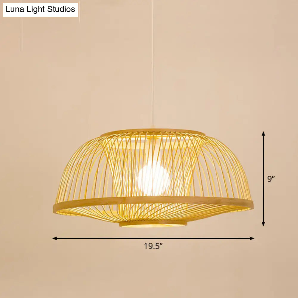 Bamboo Cage Pendant Light For Tearoom - Chinese Style 1 Bulb Beige