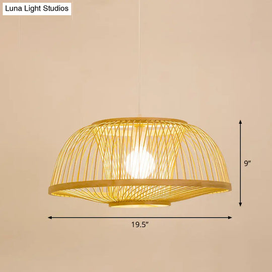 Bamboo Cage Pendant Light For Tearoom - Chinese Style 1 Bulb Beige