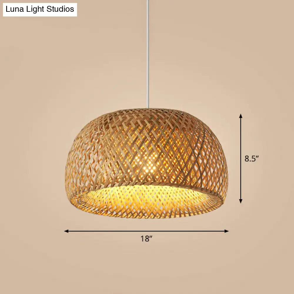 Bamboo Cage Pendant Light For Tearoom - Chinese Style 1 Bulb Beige