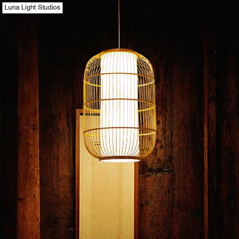 Bamboo Cage Pendant Light For Tearoom - Chinese Style 1 Bulb Beige