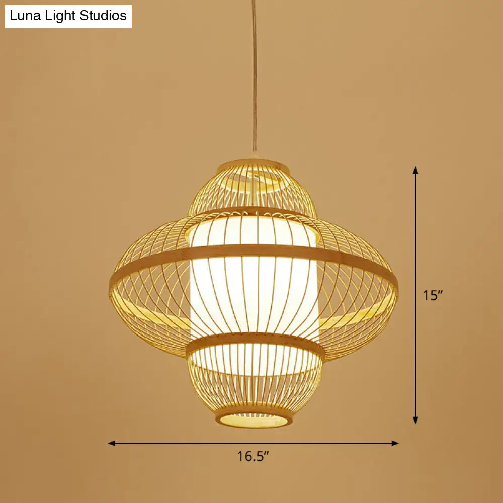 Bamboo Cage Pendant Light For Tearoom - Chinese Style 1 Bulb Beige